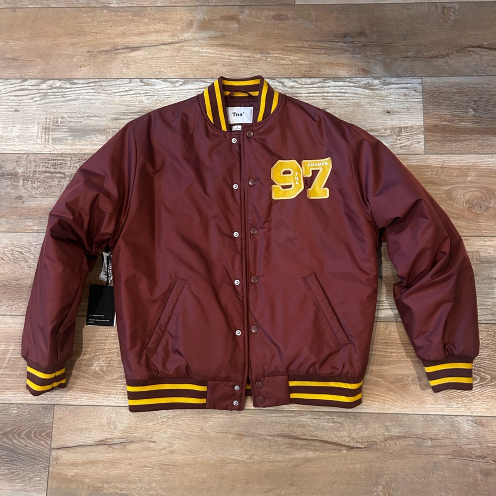 Aritzia Dark Maroon Stadium Jacket with Yellow Accents